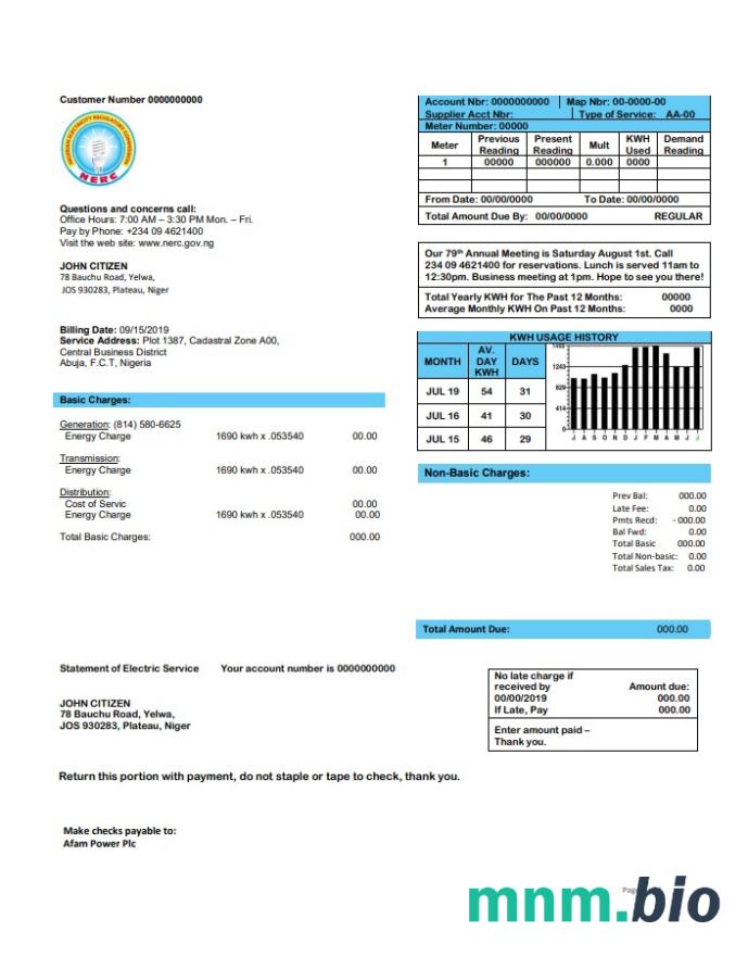 Nigeria nigeryjska Komisja Regulacji energii elektrycznej szablon rachunku za energię elektryczną w formacie Word i PDF